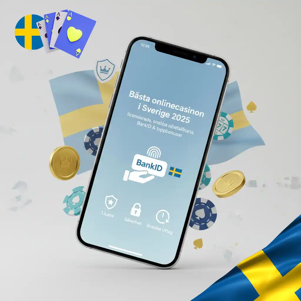 Illustration med spelikoner, BankID-symbol och svensk flagga